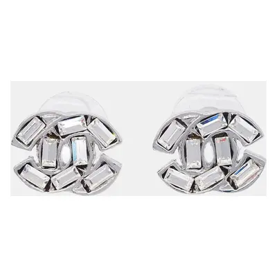 Chanel Rhinestone Silver CC Stud Earrings