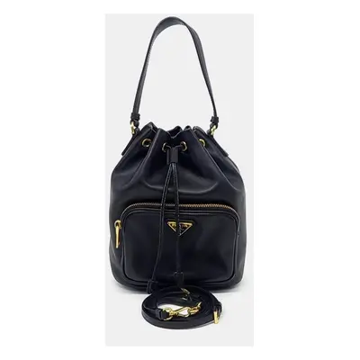 Prada Black Leather Soft Calf Bucket Tote and Crossbody Bag