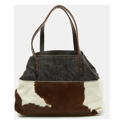 Miu Miu Brown Animal Print Calf Hair, Denim and Leather Tote