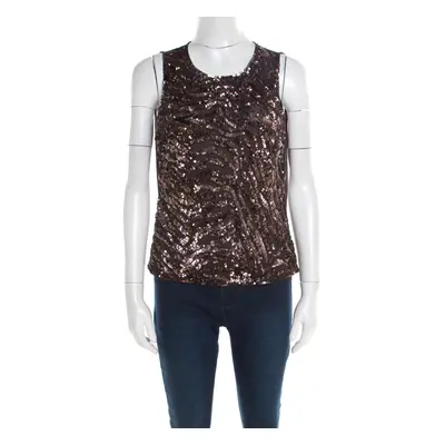 Escada Brown Sequin Embellished Nylon Mesh Sleeveless Top