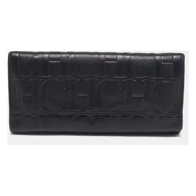 CH Carolina Herrera Black Embossed Leather Continental Wallet