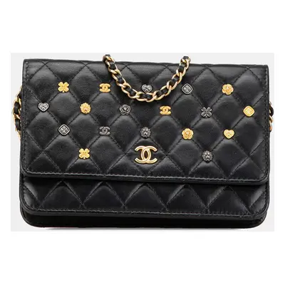 Chanel Black Quilted Studded Lambskin 18K Lucky Charms Wallet On Chain