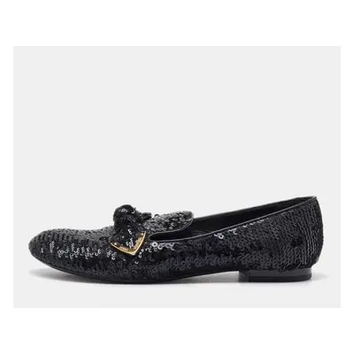 Louis Vuitton Black Sequins Amulet Bow Detail Smoking Slippers Size 37.5