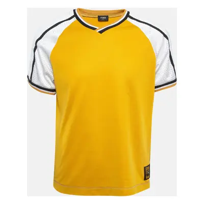 Fendi Yellow Mesh Trim Jersey V-Neck Half Sleeve T-Shirt