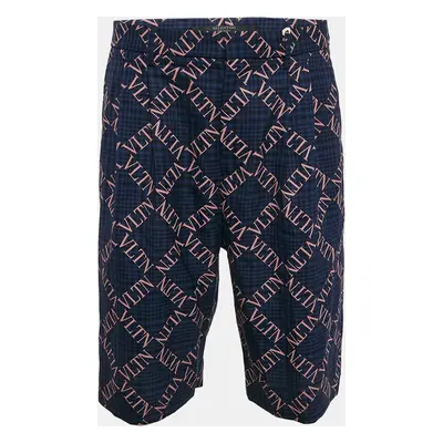 Valentino Navy Blue Logo Print Wool Bermuda Shorts