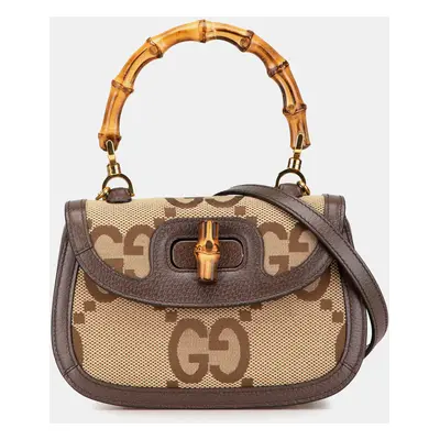 Gucci Brown Small Jumbo GG Canvas Bamboo Top Handle Bag