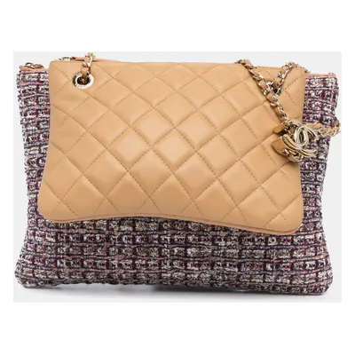 Chanel Brown Lambskin Leather Tweed Quilted Double Case with Chain