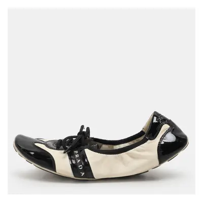 Prada Sport Black/Cream Patent and Leather Lace-up Scrunch Ballet Flats Size 39.5