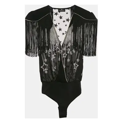 Elisabetta Franchi Black Star Print Crepe and Tulle Fringed Bodysuit