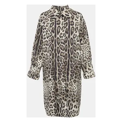 Dolce & Gabbana Brown/Beige Leopard Print Synthetic Button Front Long Coat