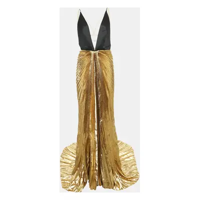 Gucci Metallic Gold Satin Silk and Lame Plisse Harness Detail Gown