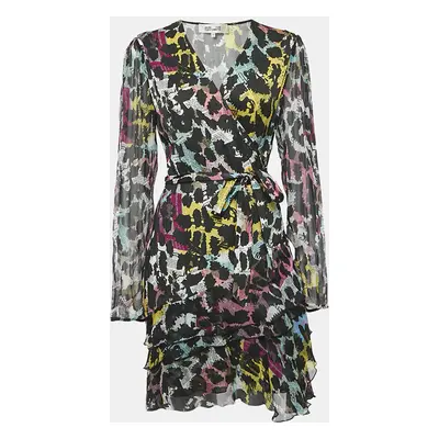 Diane Von Furstenberg Black/Multicolor Newspaper Print Crepe Wrap Dress