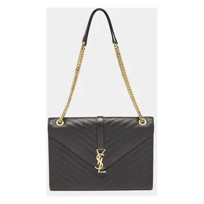 Saint Laurent Black Chevron Leather Monogram Envelope Shoulder Bag