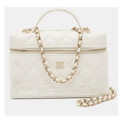 Chanel White Quilted Caviar Leather CC Long Vanity Case Bag