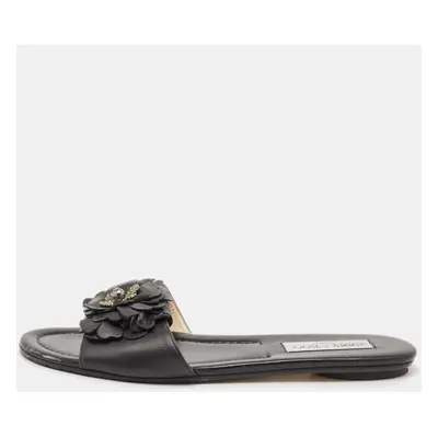 Jimmy Choo Black Leather Neave Floral Applique Slides 38.5