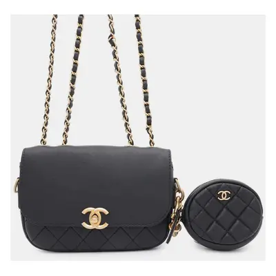 Chanel Black Calf Leather Matelasse Flap Chain Shoulder Bag