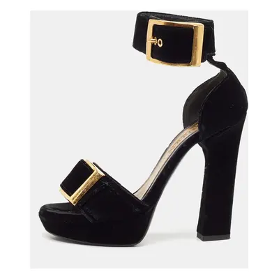 Alexander McQueen Black Velvet Buckle Platform Ankle Strap Sandals Size