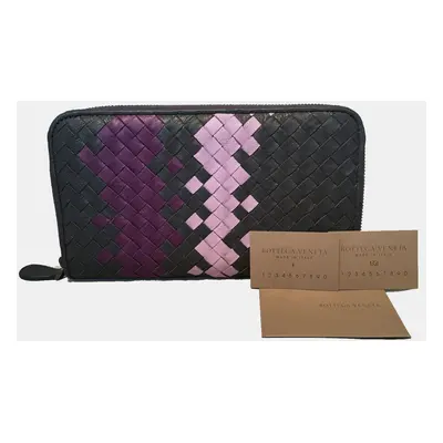 Bottega Veneta Woven Grey And Purple Leather Zip Wallet