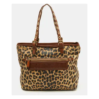 Roberto Cavalli Brown Leopard Print Straw and Leather Front Zip Tote