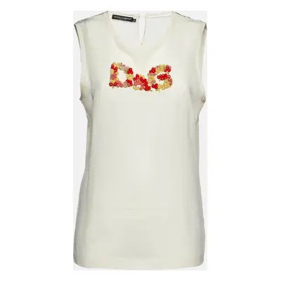 Dolce & Gabbana Cream Silk Floral Logo Detail Sleeveless Top