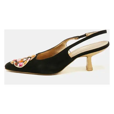 Gucci Black Suede Crystal Embellished Pointed Toe Slingback Pumps Size