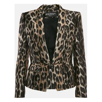 Balmain Brown Leopard Pattern Jacquard Button Detail Blazer