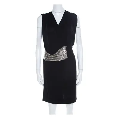 Balmain Black Knit Wool Chainmail Paneled Faux Wrap Mini Dress