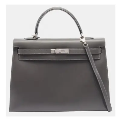 Hermes Grey Box Calf Leather Kelly Handbag