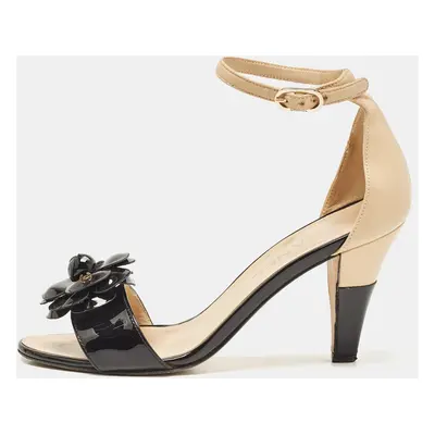 Chanel Black/Beige Patent Leather Camellia Ankle Strap Sandals Size