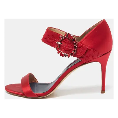 CH Carolina Herrera Red Satin Crystal Embellished Ankle Strap Sandals Size