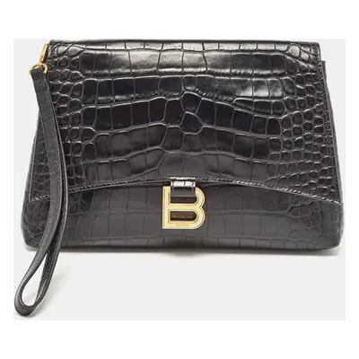 Balenciaga Black Croc Embossed Leather Crush Pochette