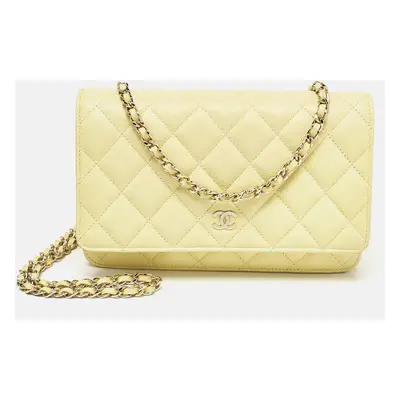 Chanel Yellow Quilted Caviar Leather Classic Wallet on Chain