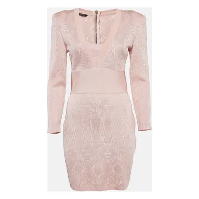 Balmain Pink Patterned Knit Full Sleeve V-Neck Mini Dress