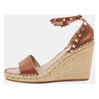 Valentino Brown Leather Rockstud Ankle Strap Espadrille Wedge Sandals Size