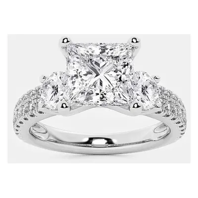 14K White Gold Princess & Round Lab Grown Diamond Engagement Ring with Double Row Side Accents U