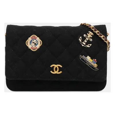 Chanel Black Paris Hamburg Quilted Wool Charms Wallet On Chain