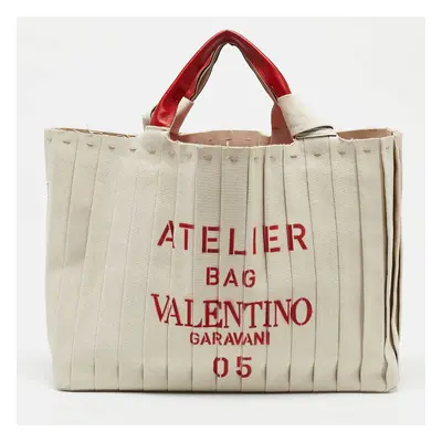 Valentino Red/Natural Canvas Plisse Edition Atelier Tote