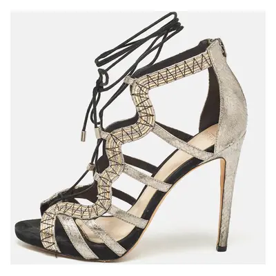 Alexandre Birman Metallic Python Embossed Leather Strappy Ankle Tie Sandals Size 38.5