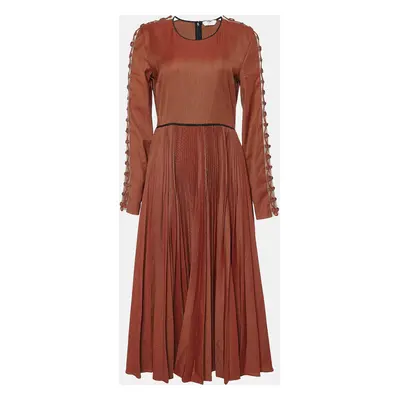 Fendi Brown Mesh Tulle Rope Trim Houndstooth Printed Long Sleeved Pleated Wool Midi Dress