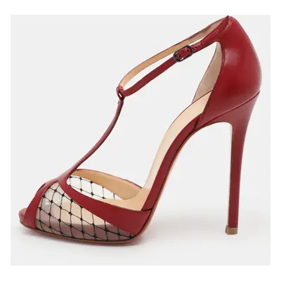 Christian Louboutin Red Leather and Mesh Lagoula T-Strap Pumps Size 36.5