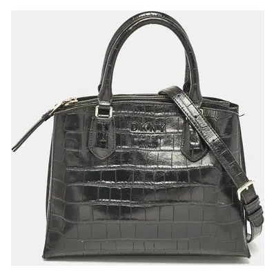 DKNY Black Croc Embossed Leather Logo Satchel