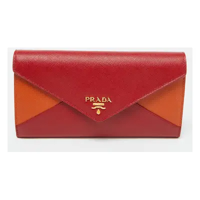 Prada Red/Orange Saffiano Leather Envelope Flap Continental Wallet