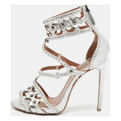 Alaia Silver Leather Cut Out Studded Ankle Strap Sandals Size 38.5