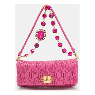 Miu Miu Fuchsia Matelasse Leather Crystal Flap Shoulder Bag