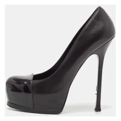 Saint Laurent Black Leather and Patent Leather Tribtoo Platform Pumps Size