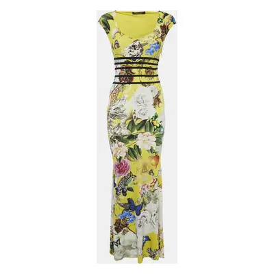 Roberto Cavalli Yellow Multicolor Printed Jersey Long Dress