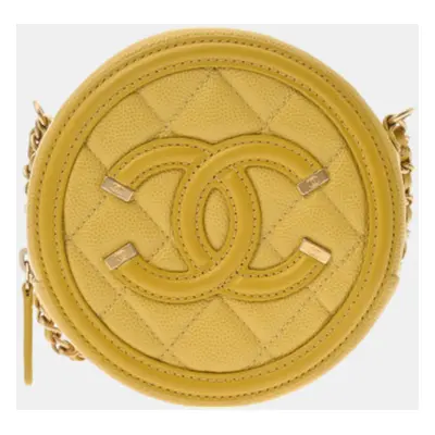 Chanel Yellow Quilted Caviar Mini Filigree Round Clutch with Chain