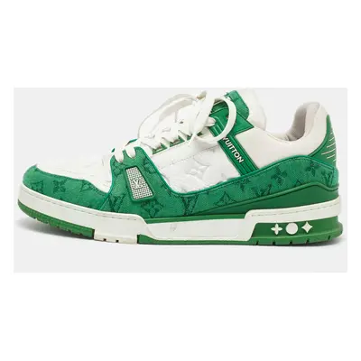 Louis Vuitton White/Green Leather and Denim LV Trainer Sneakers Size