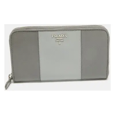 Prada Two Tone Grey Saffiano Leather Zip Around Wallet