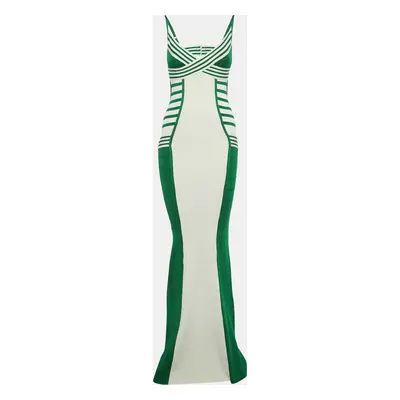 Elisabetta Franchi Green/White Bandage Knit Long Bodycon Dress